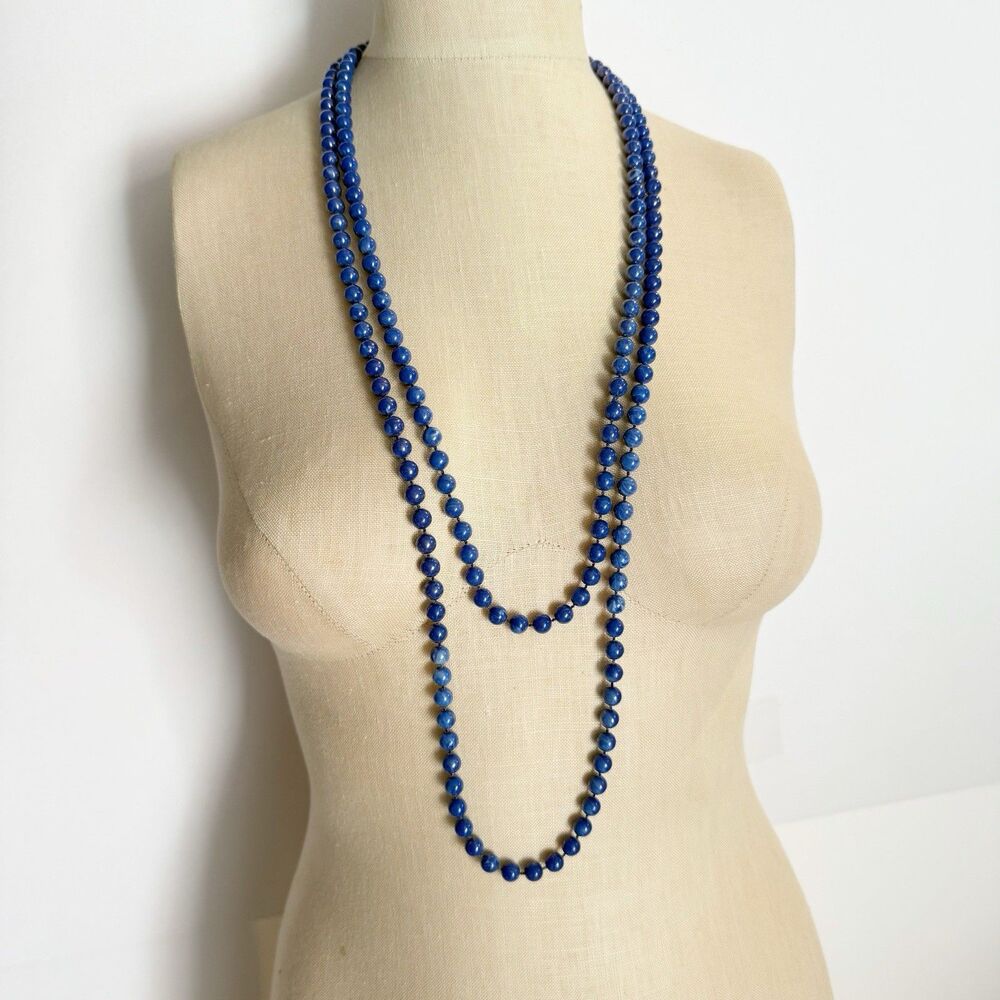 Long Blue Beaded Necklace Marbled Round Beads Double Strand Screw Clasp - Picture 2 of 12